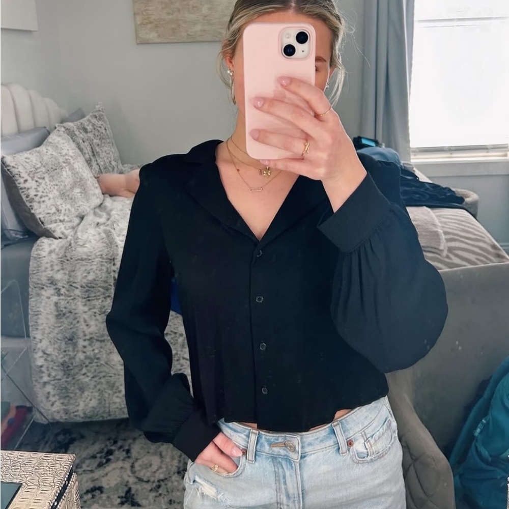 Le Lis Black Button Down Shirt with Notched Collar